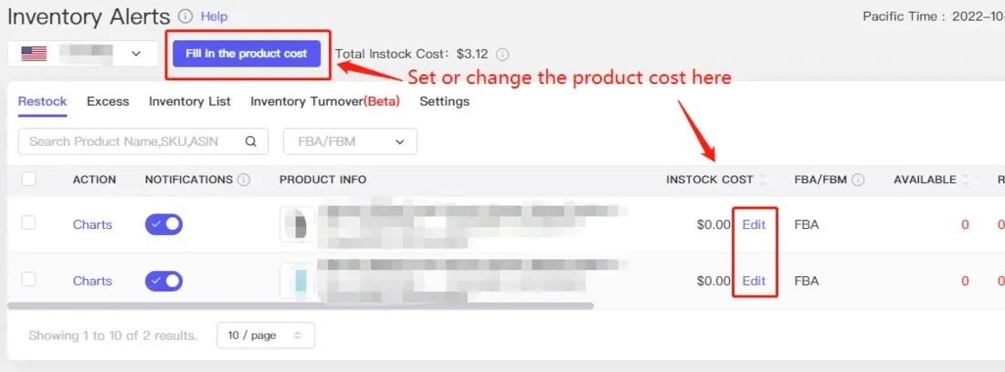 tool4seller set up the Inventory Alerts to avoid stockouts interface illustrating click the "Fill in the product cost" to add the cost in bulk.