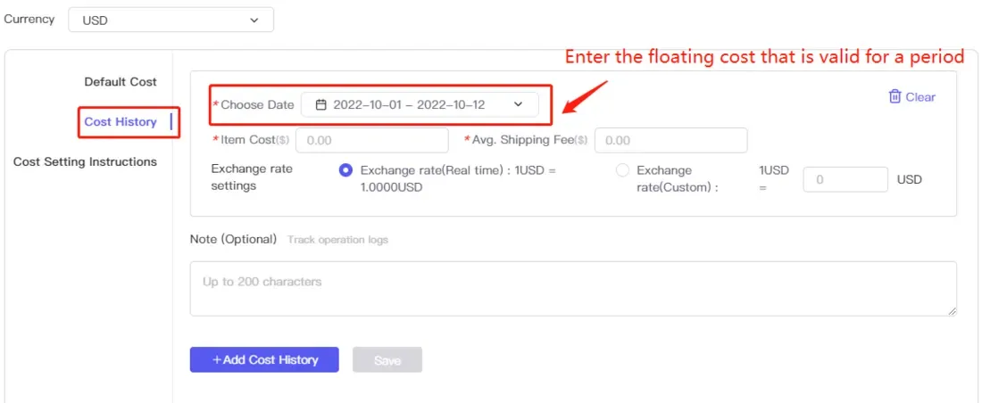 tool4seller set up the Inventory Alerts to avoid stockouts interface illustrating if you want to add a floating cost, especially for a period, you can add it on the "Cost History" page.