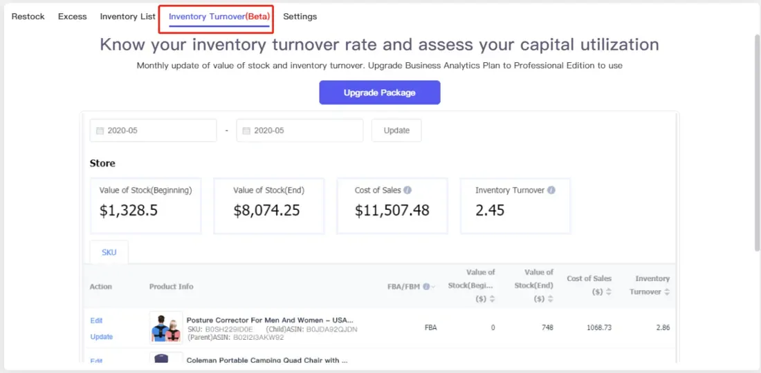 tool4seller interface showing What is the inventory turnover rate.