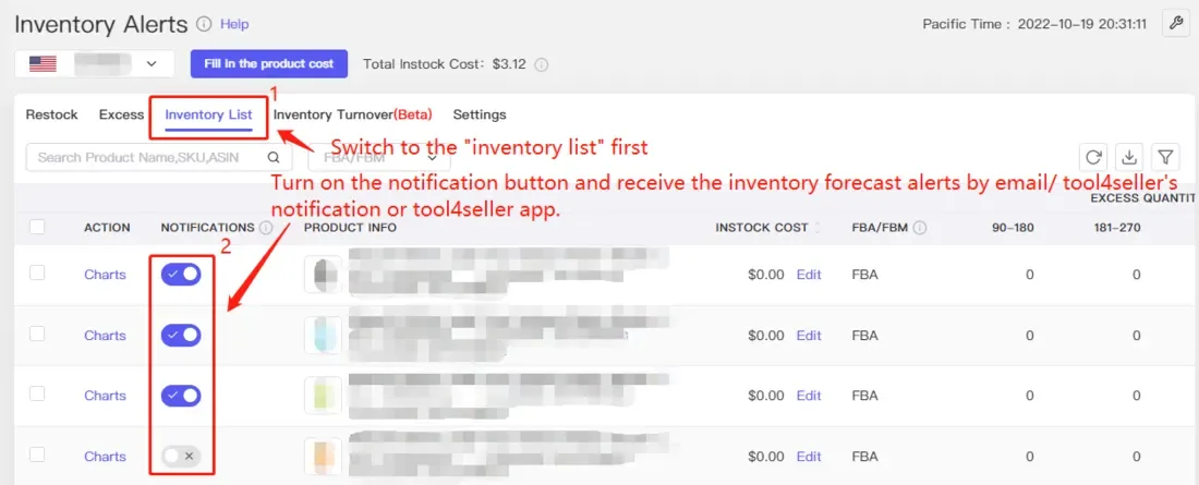 tool4seller set up the Inventory Alerts to avoid stockouts interface illustrating switch to the "Inventory List" page when you open the "Inventory Alerts".