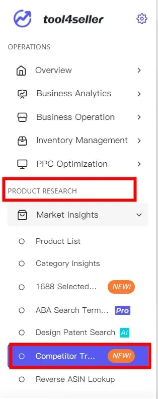 tool4seller Track Prices, BSR, and Rating Changes of Your Competitor with Competitor Tracking interface illustrating access the Competitor Tracking under dropdowns of Market Insights.