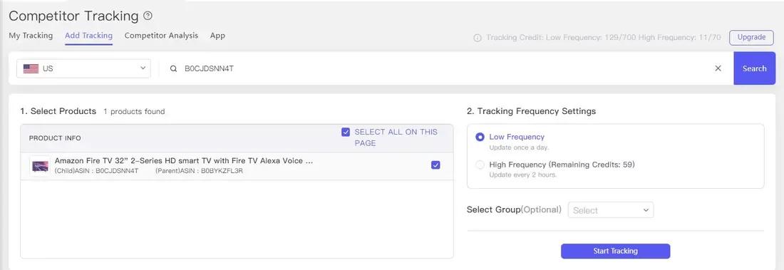 tool4seller Track Prices, BSR, and Rating Changes of Your Competitor with Competitor Tracking interface illustrating click on the "Start Tracking" button to start tracking competitors that you.