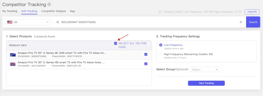 tool4seller Track Prices, BSR, and Rating Changes of Your Competitor with Competitor Tracking interface illustrating when the search results appear, click the products that need to be tracked.