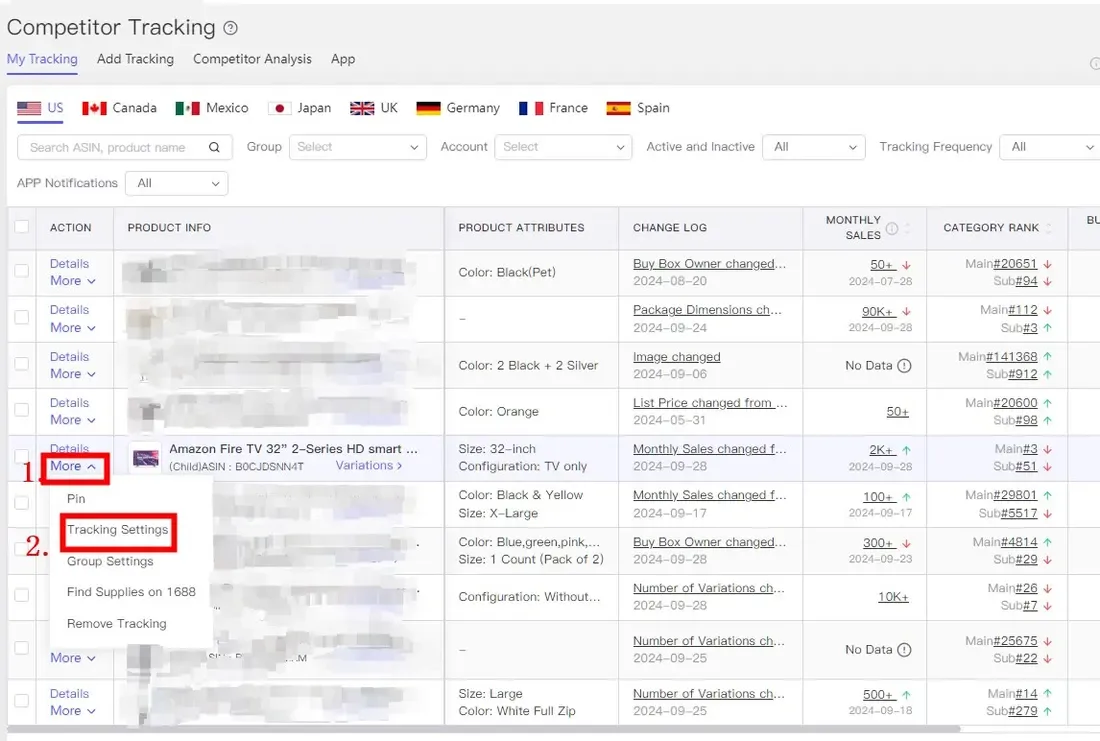 tool4seller Track Prices, BSR, and Rating Changes of Your Competitor with Competitor Tracking interface showing competitor Tracking and My Tracking.