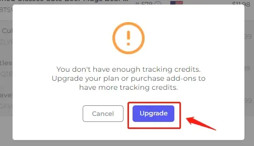 tool4seller Track Prices, BSR, and Rating Changes of Your Competitor with Competitor Tracking interface illustrating if you reach the tracking limit or your plan expired.