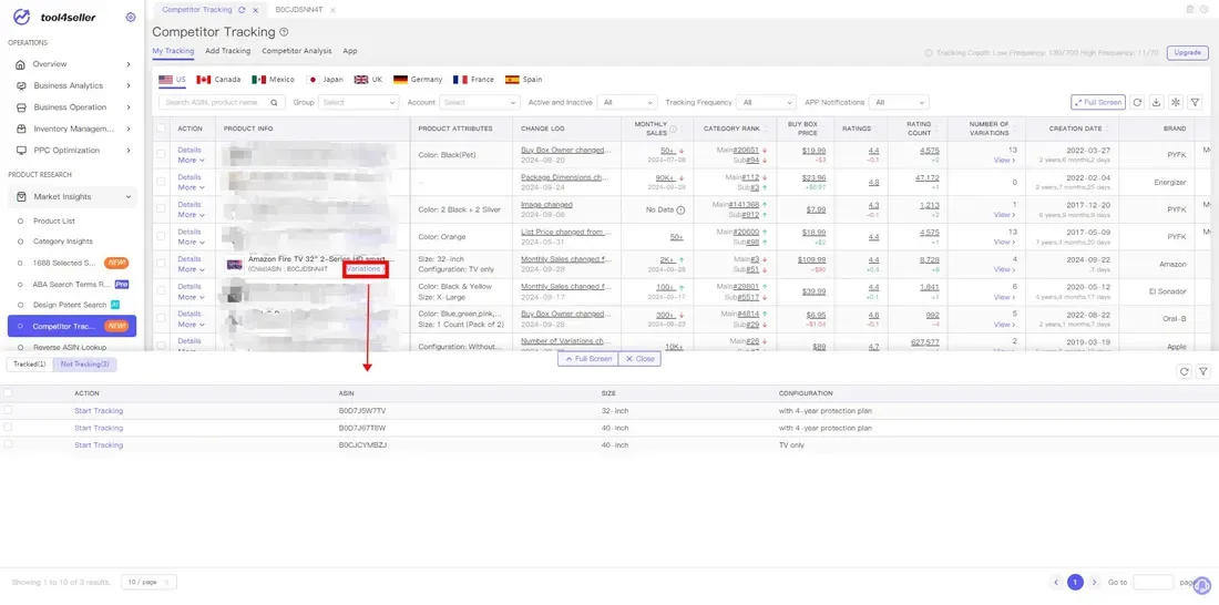tool4seller Track Prices, BSR, and Rating Changes of Your Competitor with Competitor Tracking interface showing compathor Tracking Cx and Competitor Tracking.