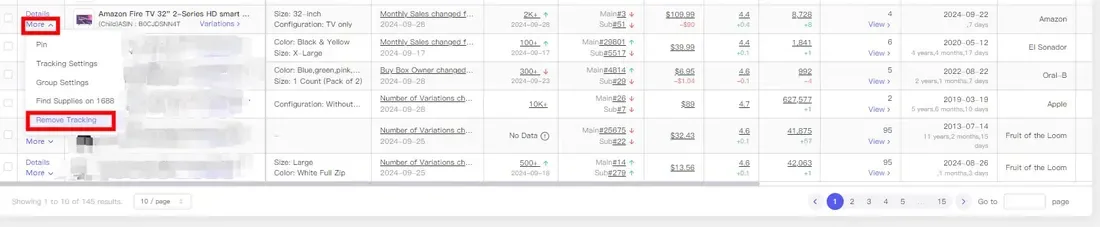 tool4seller Track Prices, BSR, and Rating Changes of Your Competitor with Competitor Tracking interface illustrating remove Tracking: In the "My Tracking" list.