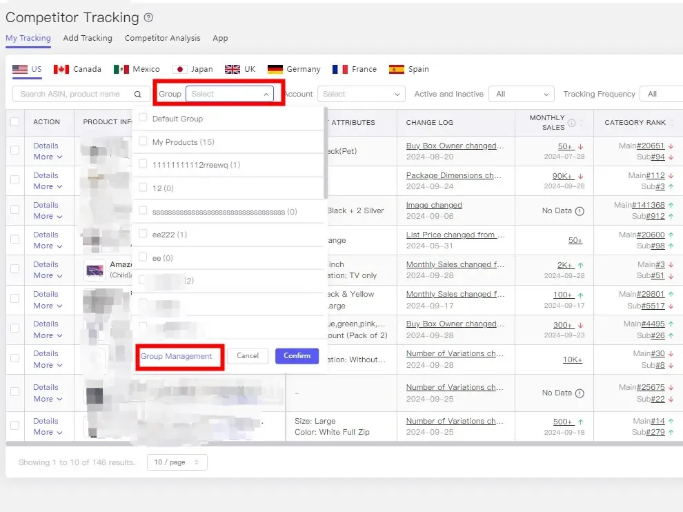 tool4seller Track Prices, BSR, and Rating Changes of Your Competitor with Competitor Tracking interface illustrating group Management: In the selection box of Filter Group.