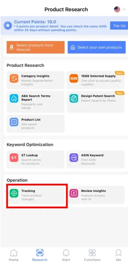 tool4seller Track Prices, BSR, and Rating Changes of Your Competitor with Competitor Tracking interface showing product Research and Current Points: 19.0.
