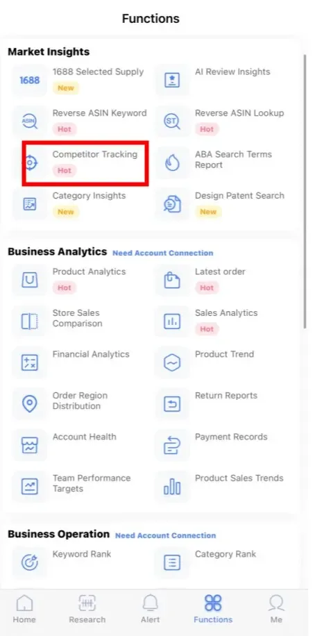 tool4seller Track Prices, BSR, and Rating Changes of Your Competitor with Competitor Tracking interface showing market Insights and Selected Supply.