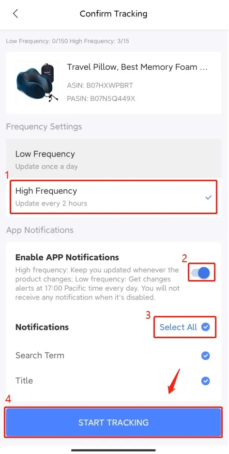 tool4seller Track Prices, BSR, and Rating Changes of Your Competitor with Competitor Tracking interface showing confirm Tracking and Frequency: 0/150 High Frequency: 3/15.