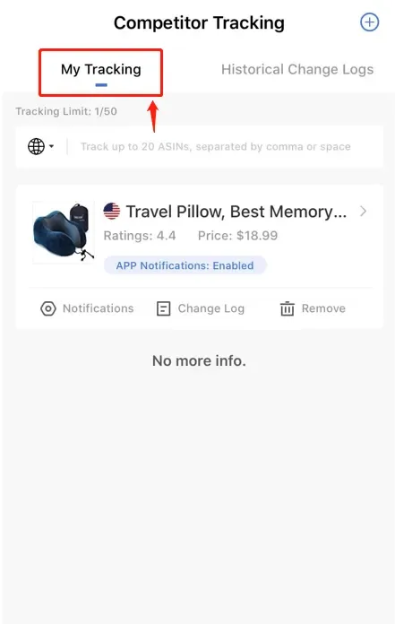 tool4seller Track Prices, BSR, and Rating Changes of Your Competitor with Competitor Tracking interface showing competitor Tracking and s Devel Pillow, Best Memory.