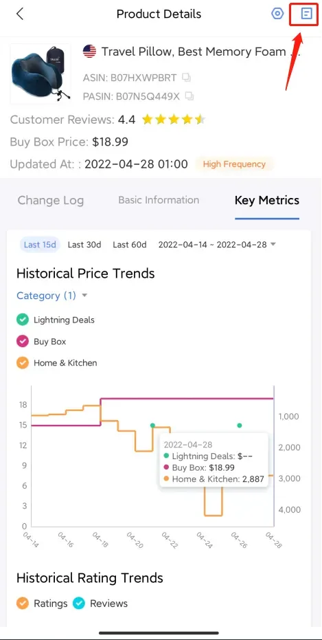 tool4seller Track Prices, BSR, and Rating Changes of Your Competitor with Competitor Tracking interface showing product Details and Travel Pillow, Best Memory Foam.