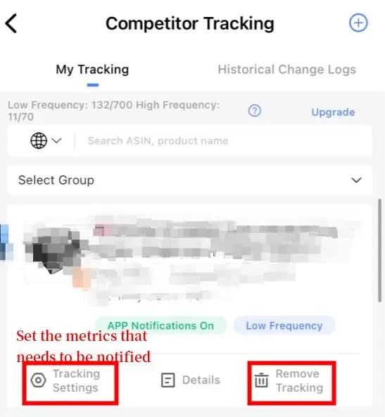 tool4seller Track Prices, BSR, and Rating Changes of Your Competitor with Competitor Tracking interface illustrating tracking Settings: Change the metrics that need to be pushed for notification.