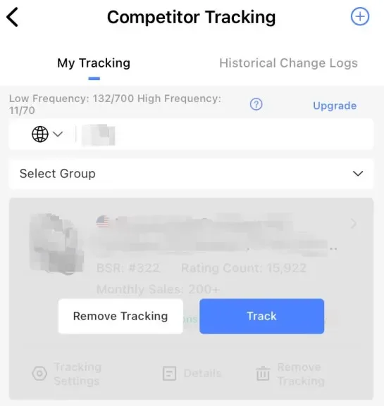 tool4seller Track Prices, BSR, and Rating Changes of Your Competitor with Competitor Tracking interface illustrating you can click the "Resume Tracking" button in the picture below to process.