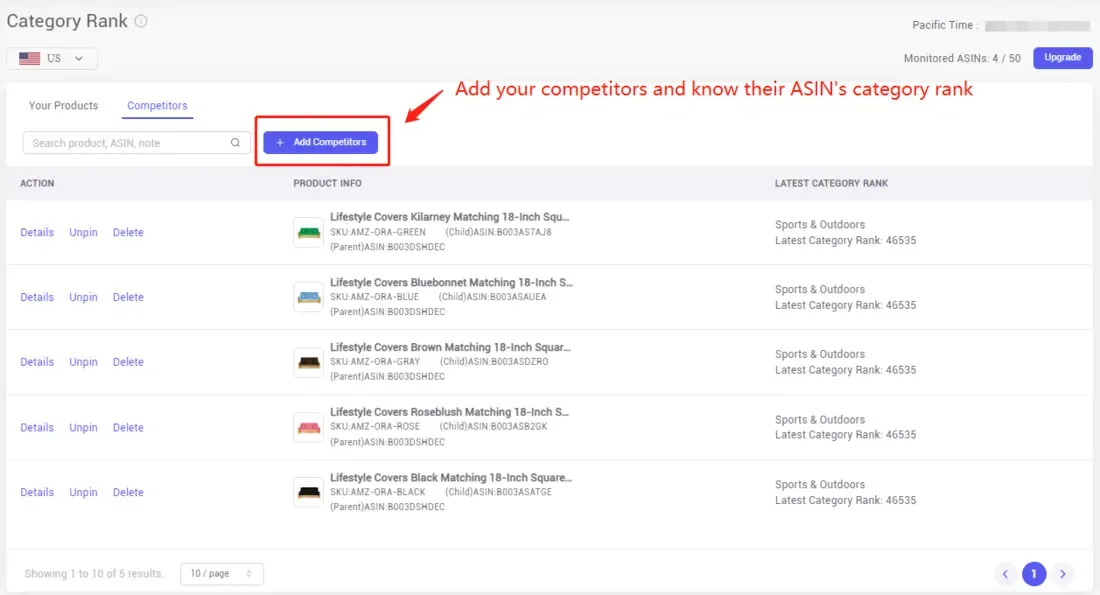 tool4seller Track Your ASIN and Competitors' Category Rank interface illustrating click the "Add Competitors" button to track their category rank changes.