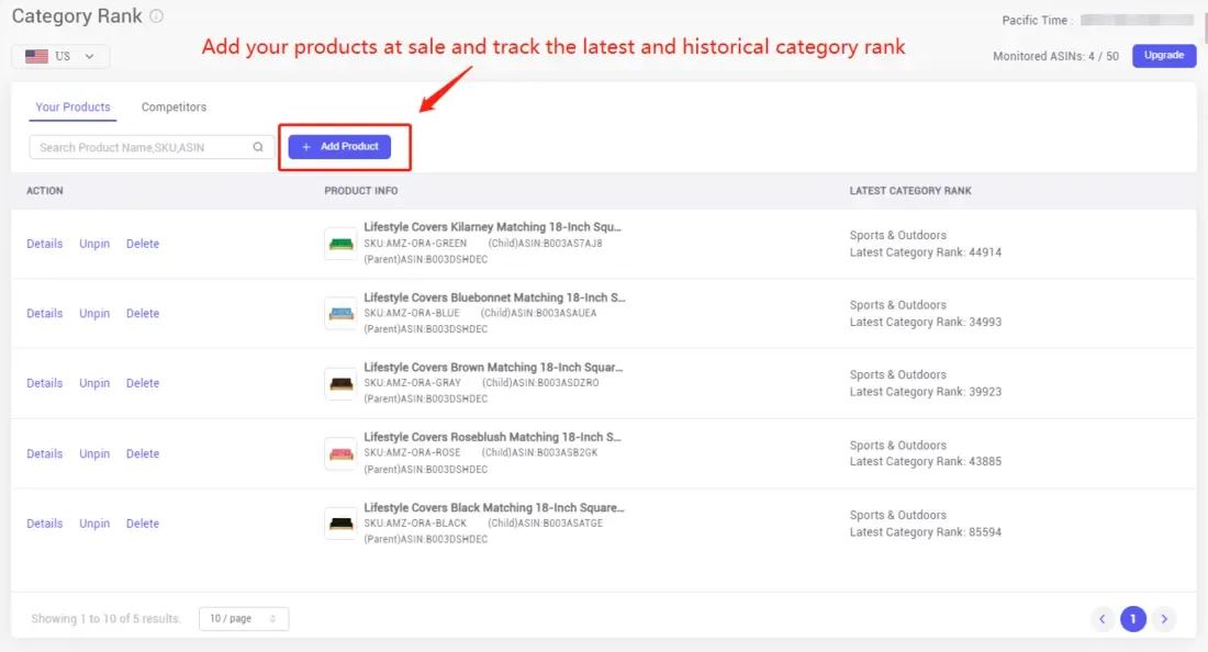 tool4seller interface showing How to Track Your ASIN and Competitors' Category Rank?