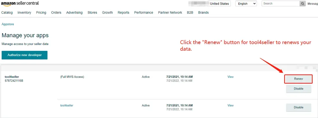 tool4seller troubleshoot data not updating on my tool4seller account interface illustrating go to your "Amazon seller central", and select the "Manage your apps".