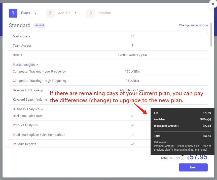tool4seller upgrade my current subscription interface illustrating ( Note: The period of one month tool4seller plan is calculated at 31 days.).