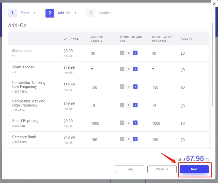 tool4seller upgrade my current subscription interface illustrating on the payment page, you can customer your own plan with the add-ons if you require.