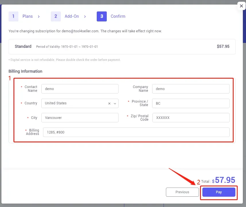 tool4seller upgrade my current subscription interface showing billing Information and Province /.