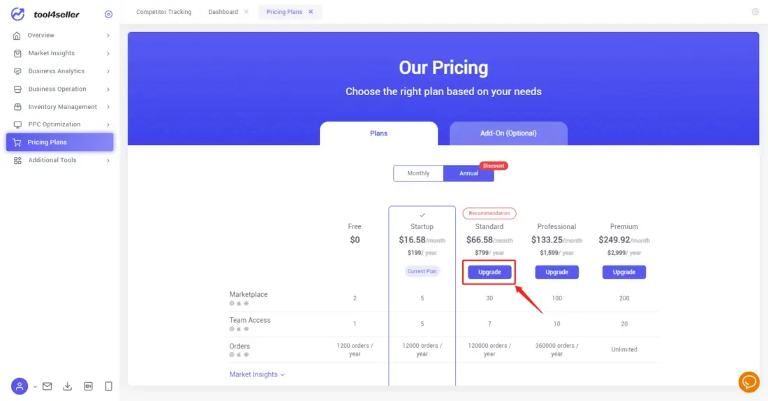 tool4seller upgrade my current subscription interface illustrating then, select the Pricing Plans tab with the shopping cart icon and click "Upgrade".