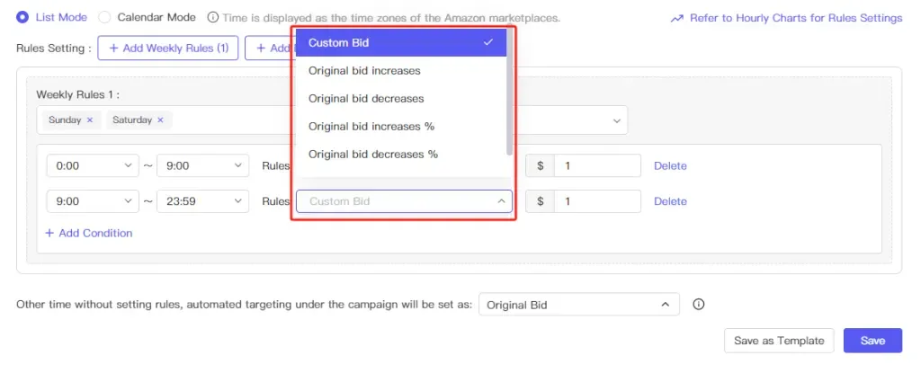 tool4seller interface showing Use original bid: Set the campaign bid to the original bid for the corresponding time.