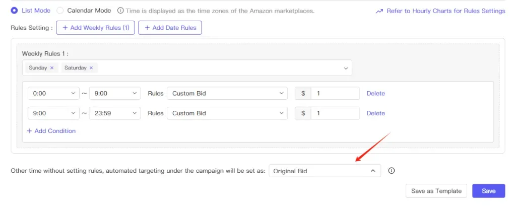 tool4seller interface showing You can set a uniform bidding method for other time periods.