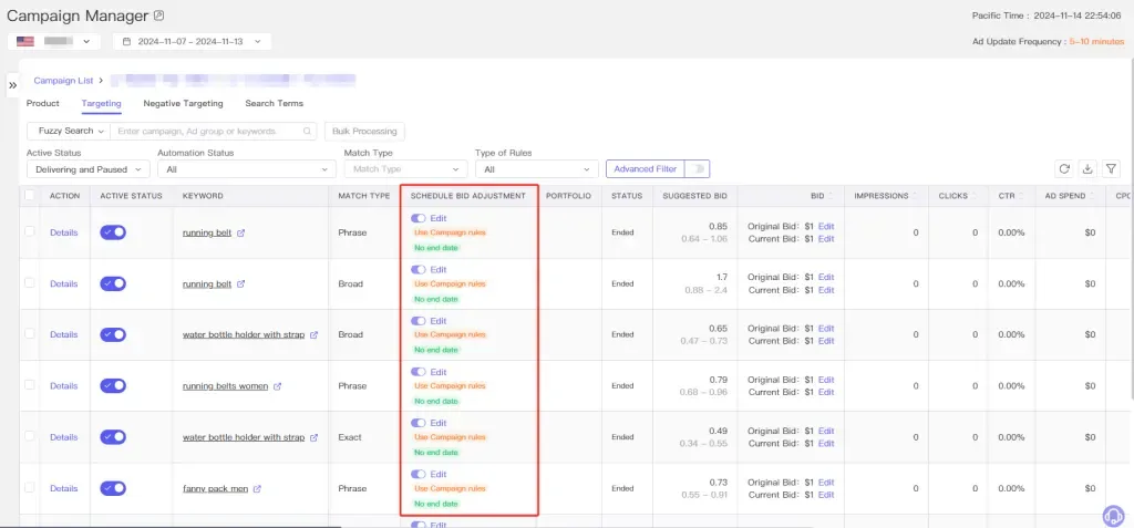 tool4seller use Ad Scheduled Bid Adjustment to optimize my PPC performance interface showing campaign Manager and Uptat Frequency 5-10 mio.
