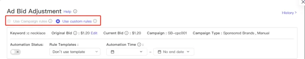 tool4seller use Ad Scheduled Bid Adjustment to optimize my PPC performance interface showing ad Bid Adjustment tele and Keyword:c necklace Original Bid ©: $1.20 Edit.