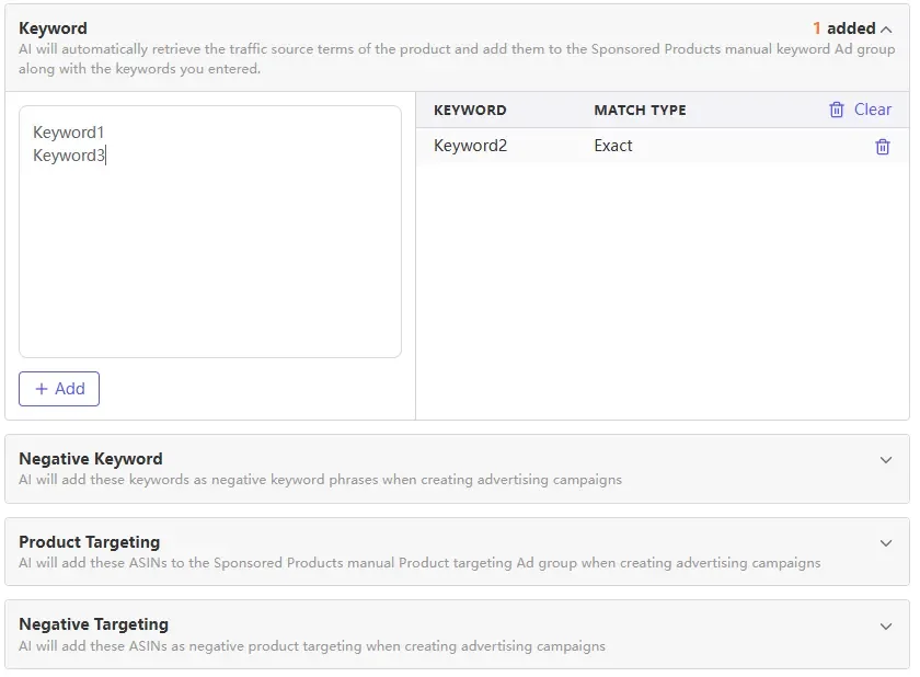 tool4seller use AI Ads Manager for automation interface illustrating more Settings (Optional): When New Campaigns is selected as the management mode.