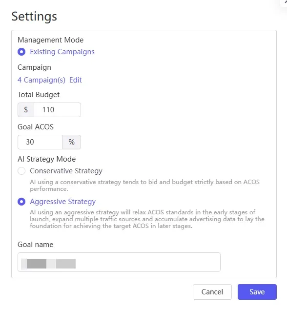 tool4seller use AI Ads Manager for automation interface illustrating settings: Click More under the actions menu on the left side of AI Ads, then select Settings from the dropdown panel.