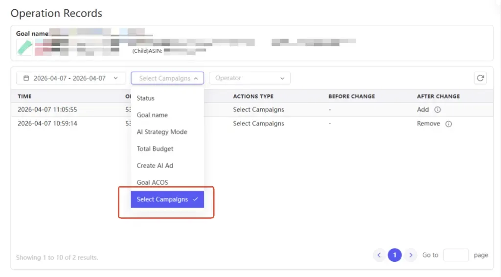 tool4seller use AI Ads Manager for automation interface illustrating operation Records: Click More under the actions menu on the left side of AI Ads.
