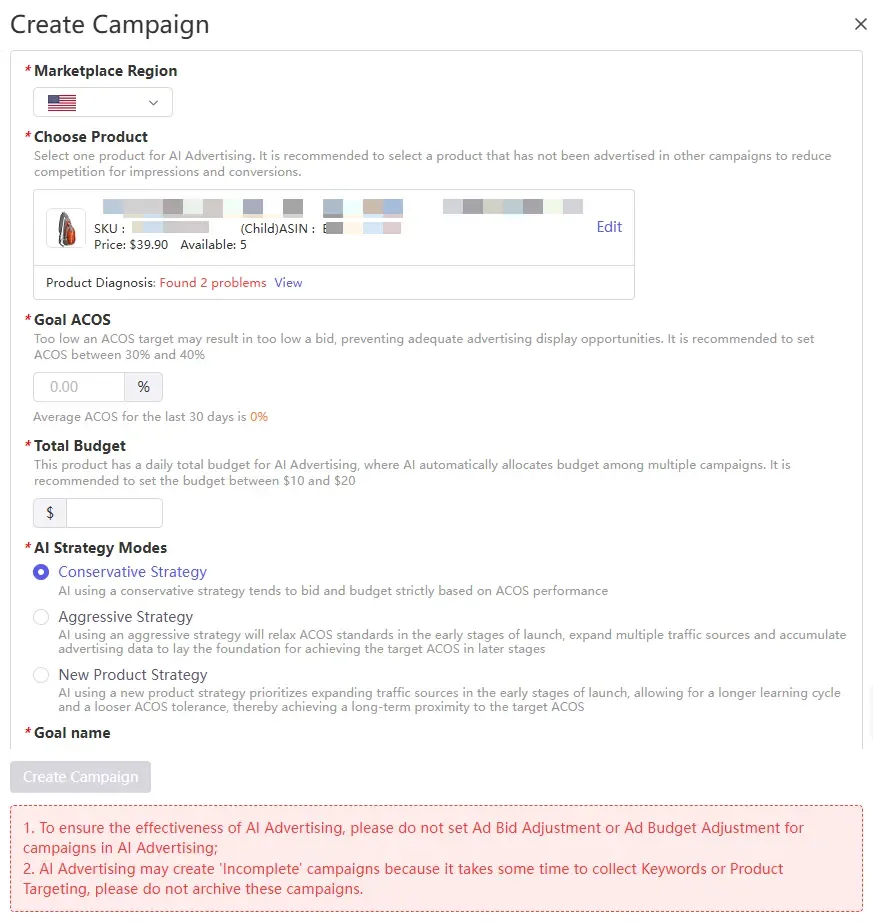 tool4seller use AI Ads Manager for automation interface illustrating after clicking "Create AI Ads Manager", you will be directed to the Creating Campaign page.