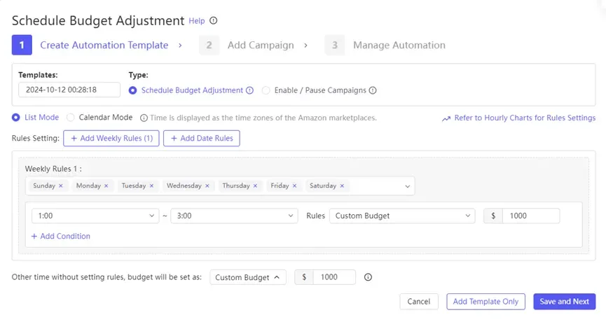 tool4seller use Automation Rules to streamline my PPC management interface showing schedule Budget Adjustment tele and Add Campaign.