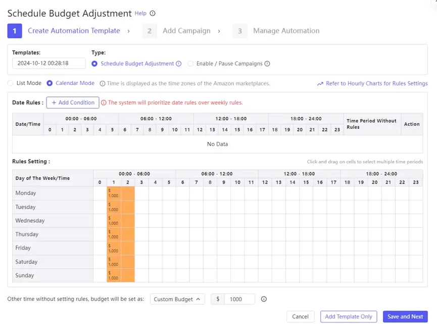 tool4seller use Automation Rules to streamline my PPC management interface showing schedule Budget Adjustment Ht» and Add Campaign.
