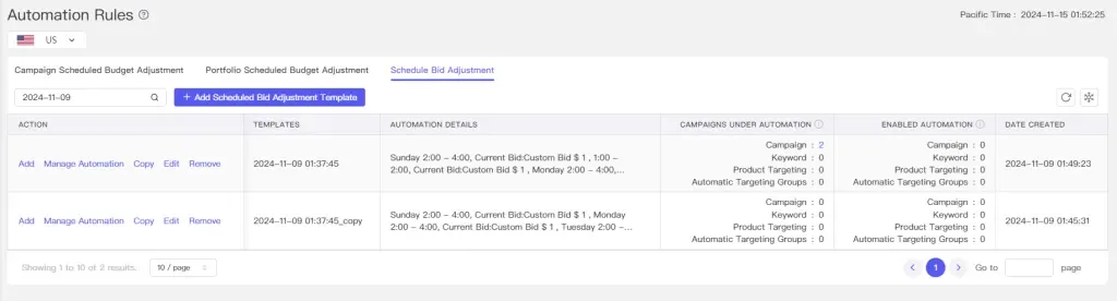 tool4seller interface showing For Ad Scheduled Bid Adjustment, click " Add Scheduled Bid Adjustment Template " to set up.