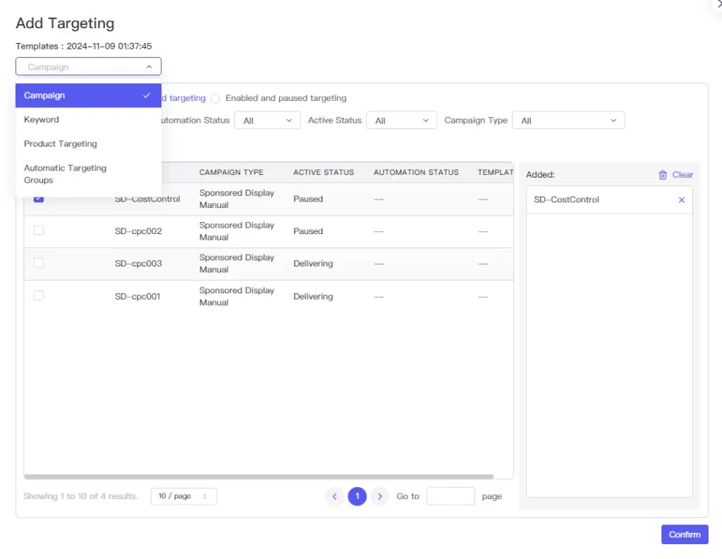 tool4seller interface showing By selecting to add a campaign, you apply the template rules to all targeting of the campaign.