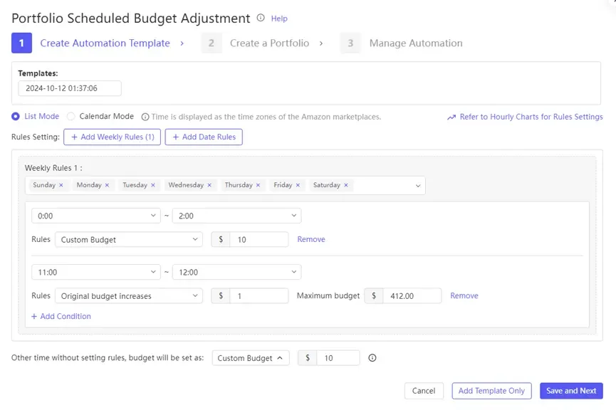 tool4seller use Automation Rules to streamline my PPC management interface showing portfolio Scheduled Budget Adjustment © tei and Create a Portfolio.