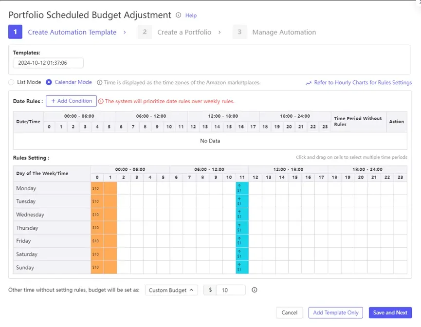 tool4seller use Automation Rules to streamline my PPC management interface showing portfolio Scheduled Budget Adjustment © te and Create a Portfolio.