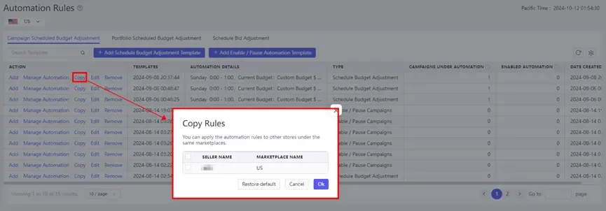 tool4seller interface showing Please note that deleting a rule template will remove all managements that have set up.