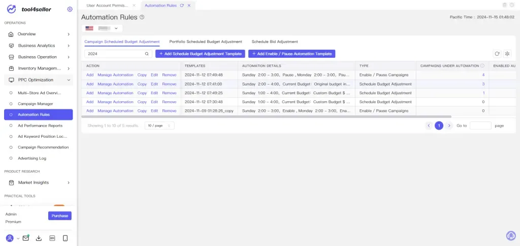 tool4seller use Automation Rules to streamline my PPC management interface illustrating select " Campaign Manager" and click on " Automation Rules.".