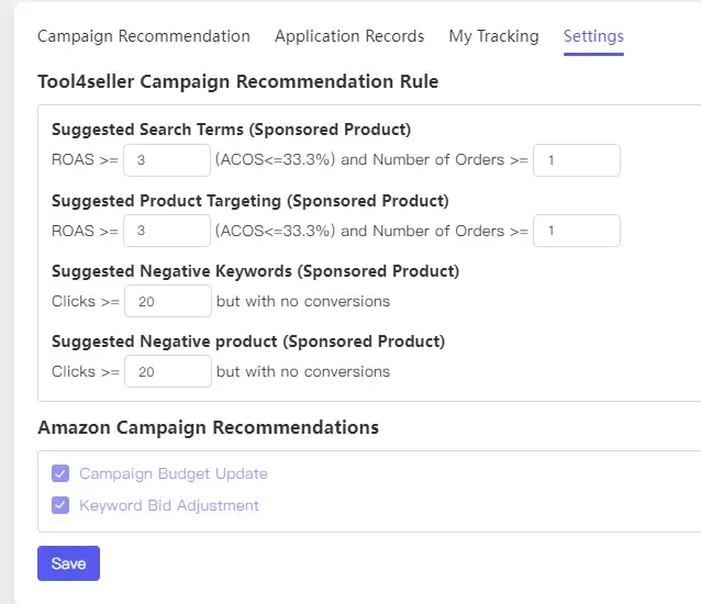 tool4seller interface showing Rule settings.