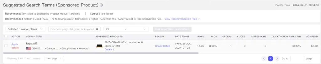 tool4seller interface showing suggested search terms sponsored product.