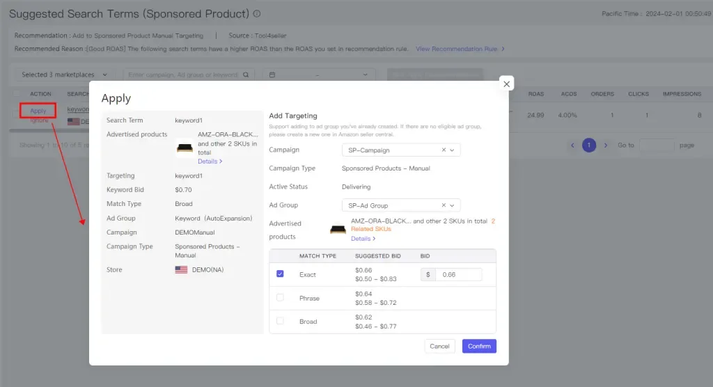 tool4seller interface showing 2.1 Suggested Search Terms (Sponsored Product).