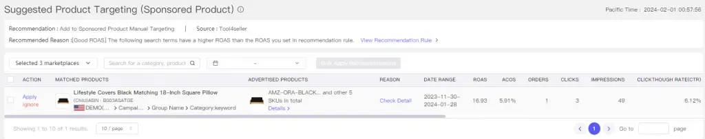 tool4seller interface showing suggested product targeting sponsored product.