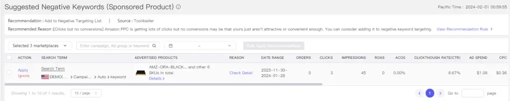 tool4seller use Campaign Recommendation to improve ad performance interface showing suggested Negative Keywords (Sponsored Product) and ecommendtion Aas to Nepate Targeting List.