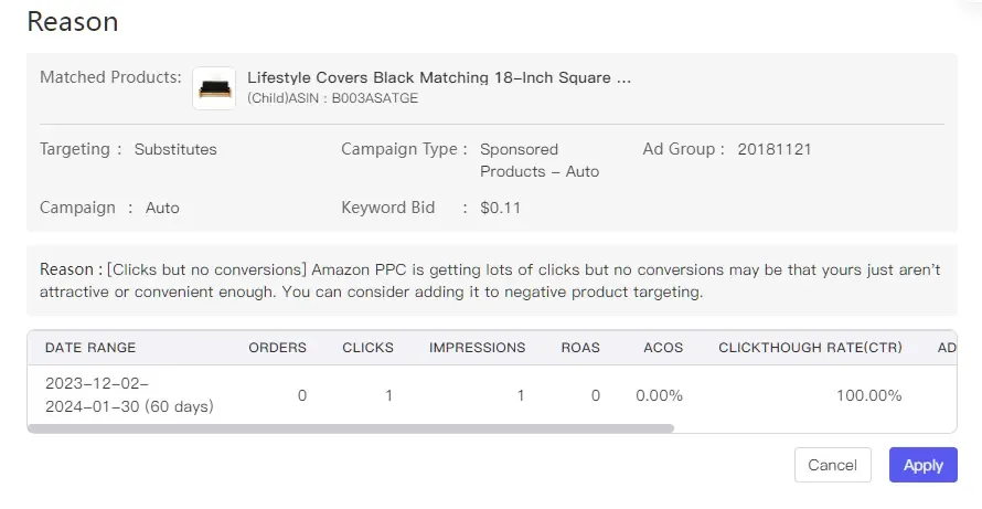 tool4seller interface showing amazon negative keyword campaign.