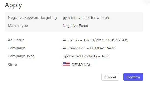 tool4seller use Campaign Recommendation to improve ad performance interface showing negative Keyword Targeting and gym fanny pack for women.