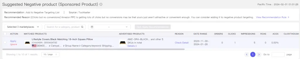 tool4seller interface showing suggested negative product sponsored product.